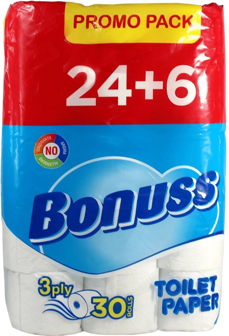 Тоалетна хартия BONUSS 100% цел. 3 пл. 30 бр.