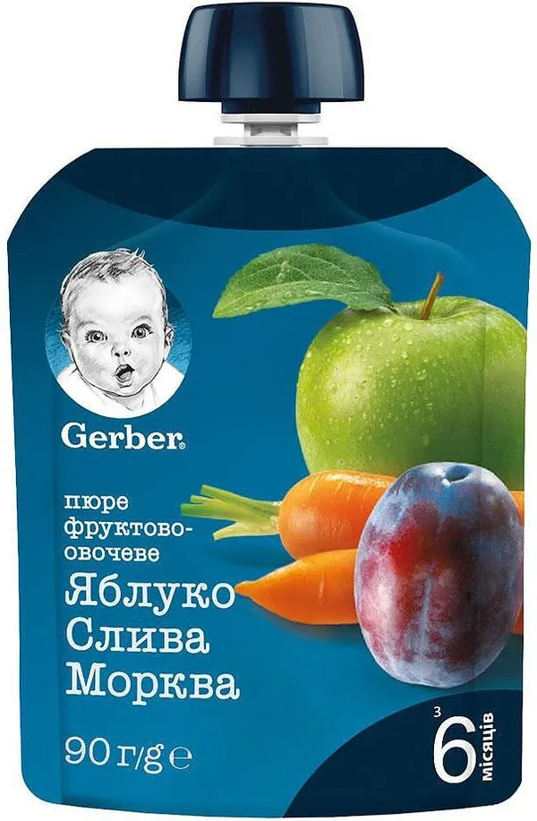GERBER® ябълка, слива и морков, от 6-ия месец,  пауч, 90g