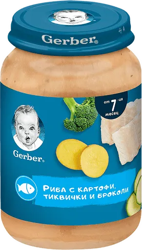 GERBER® Храна за бебета, Риба с картофи пюре, тиквички и броколи, от 7-ия месец, 190g, бурканче