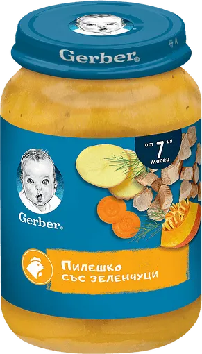 GERBER® Храна за бебета, Пилешко със зеленчуци пюре, от 7-ия месец, 190g, бурканче