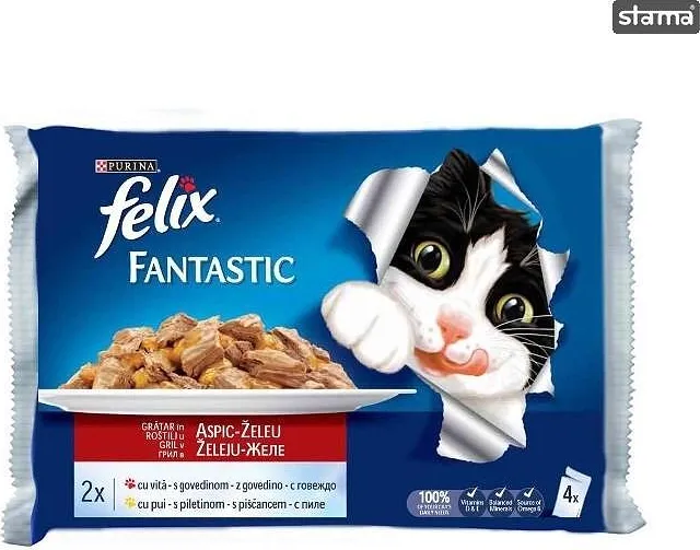 Пауч за котки FELIX Fantastic говеждо и пиле 4х85 г