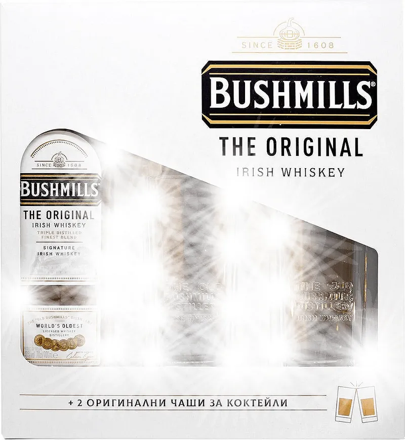 Уиски BUSHMILLS 40%700мл+две високи чаши