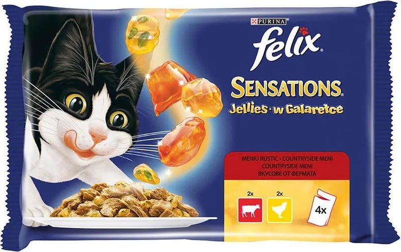 Пауч за котки FELIX Sensations телешко и пиле 4x85 г