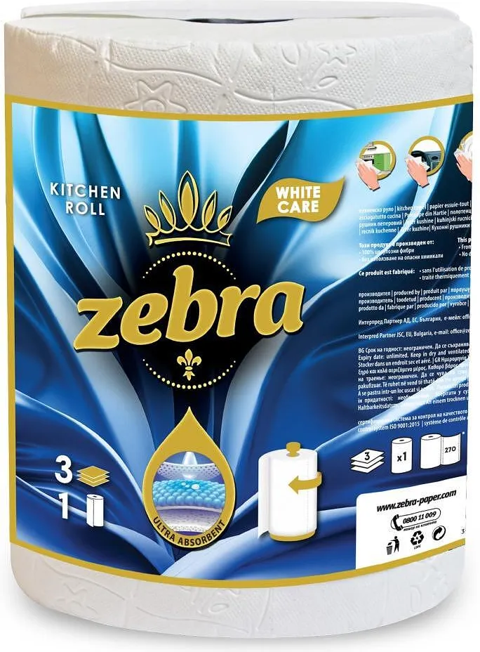 Кухненска ролка ZEBRA White Care 100% цел. 3 пл. 1 бр.