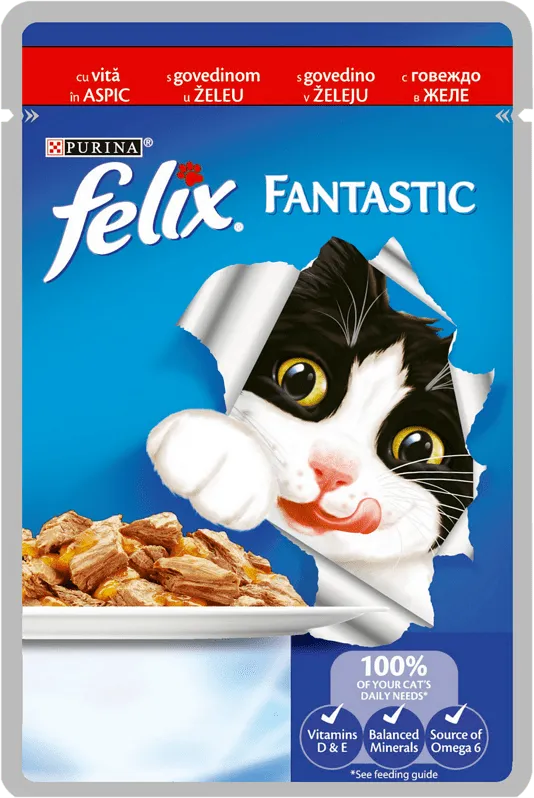 PURINA® FELIX® Fantastic за котки в зряла възраст, Грил в Желе, Говеждо, Мокра храна, Пауч, 100g