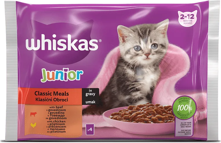 Пауч за котки WHISKAS Junior Classic Meals с говеждо и пилешко 4x85 гр.