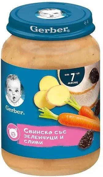 Пюре GERBER свинско/зеленчуци/сливи 190 г