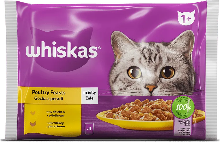 Пауч за котки WHISKAS 1+ Poultry Feasts с пиле и пуйка 4x85 гр.