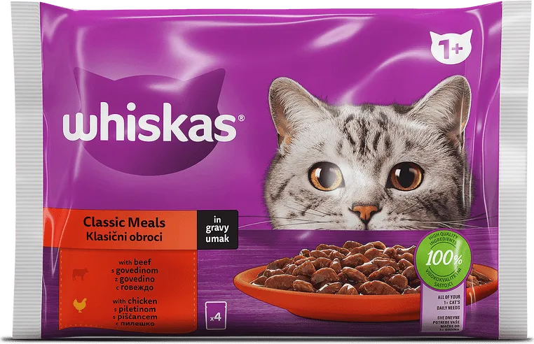 Пауч за котки WHISKAS 1+ Classic Meals с говеждо и пилешко 4x85 гр.