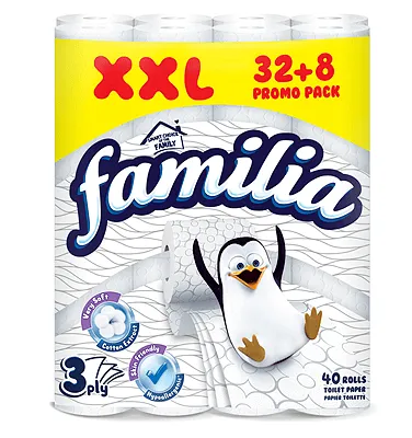 Тоалетна Хартия FAMILIA White XXL 100% цел. 3 пл. 32+8 бр.