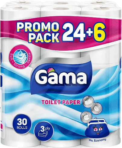 Тоалетна хартия GAMA 100% цел. 3 пл. 30 бр.